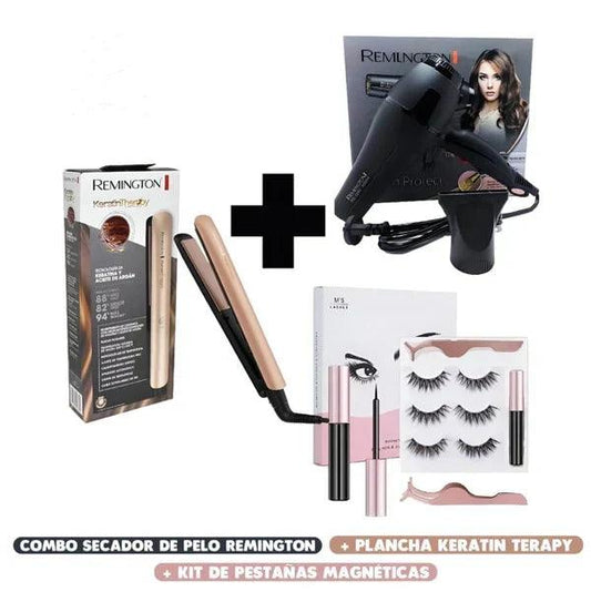 Combo Secador de Pelo + Plancha Keratin + Kit de pestañas magnéticas